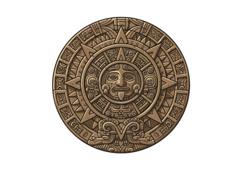 Ornate circular Aztec sun stone carving with an anthropomorphic face at its center