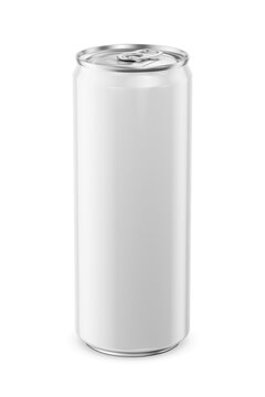 Clean white aluminum sleek drink can 330ml isolated. 3D rendering illustration. Transparent PNG image.