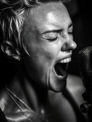 Retrato en blanco y negro de una mujer cantando con pasión.