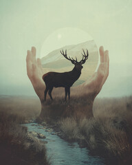 Naklejka premium Wildlife Conservation Poster with Stag by Stream and Subtle Earth Held by Hands Silhouette