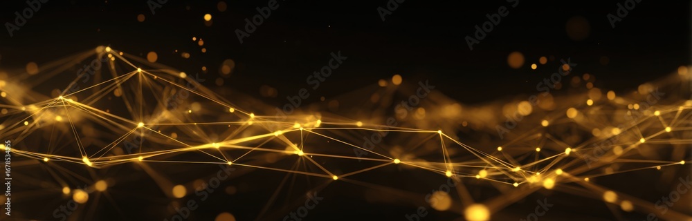 Poster abstract golden network glowing particles and lines on dark background