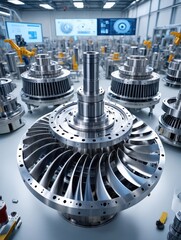 In a state-of-the-art industrial facility, multiple turbine components are meticulously arranged for assembly