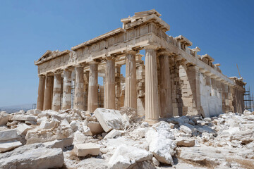 The majestic Parthenon temple standing tall under a clear blue sky, showcasing ancient Greek architecture and history. The temple is a testament to human ingenuity and artistic expression.