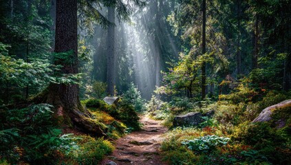 Obraz premium Sunbeams Through Lush Forest Canopy