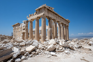 The iconic Parthenon stands majestically on a bright, sunny day, its ancient columns and architectural details on display.