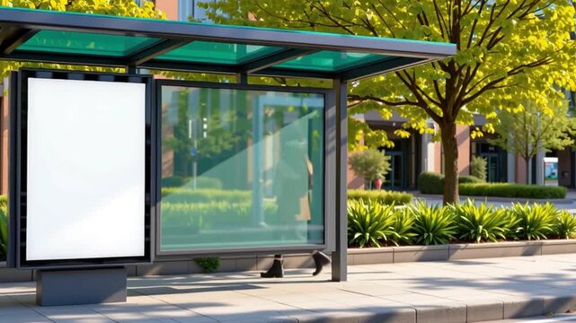 Bus stop shelter with blank advertisement board, glass panels, city street, green trees, outdoor urban sidewalk, modern city atmosphere
