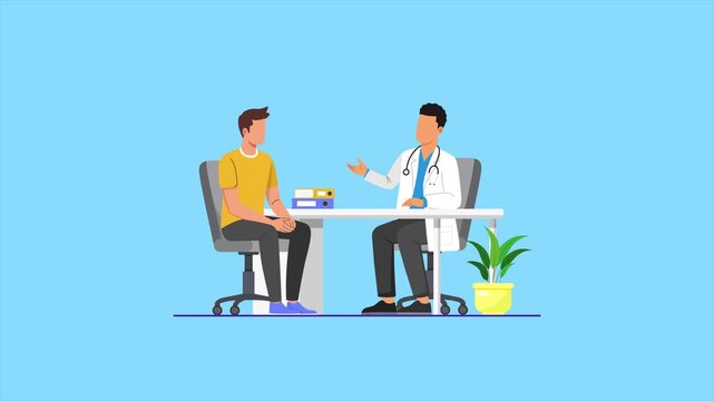 Video animation motion graphic of a doctor consulting with a male patient. Doctor concept. 2D flat cartoon stock footage in 4K high quality. Cartoon flat animated graphics