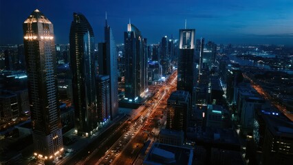 Naklejka premium At night, the city is full of high - rise buildings, bright lights, and a stream of traffic on the roads, showing prosperity to the full. 