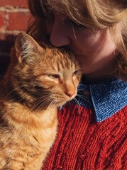 Woman gently touches a ginger cat's head