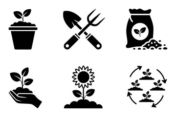 Gardening Icons: Seedling, Tools, Fertilizer, Hand Planting, Sunflower, Growth Cycle