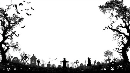 Silhouette border of a haunted graveyard with spooky trees, bats, and creepy elements, Halloween background