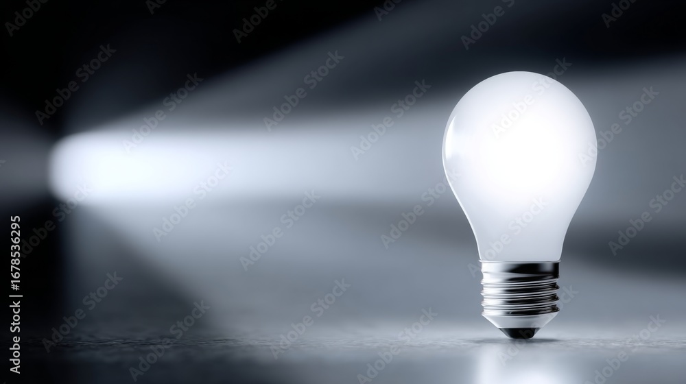 Poster a glowing light bulb stands in focus, surrounded by soft shadows. this modern image captures the ess
