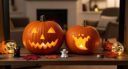 Obraz premium Carved Halloween pumpkins with glowing faces and festive decorations at home