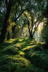 Fototapeta premium Sunlight streams through a tranquil forest
