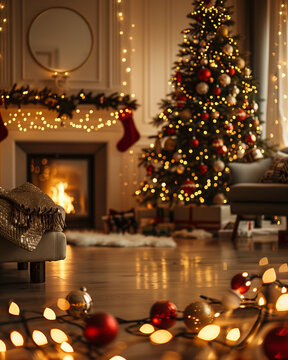 Cozy Christmas Living Room with Glowing Tree and Fireplace. christmas background
