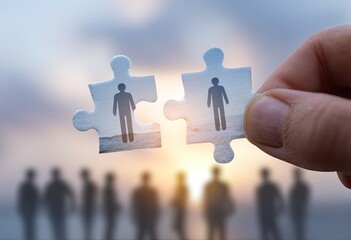 Hand holds two puzzle pieces with silhouettes of people, merging two individuals against a backdrop of a larger group