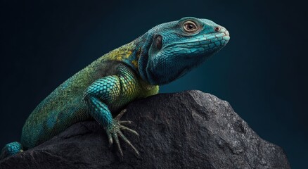 Fototapeta premium Vibrant blue and green lizard on dark rock (1)