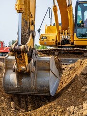 Fototapeta premium Heavy machinery operates at a construction site, as an excavator digs deep into the soil. The yellow machine showcases its robust capabilities amid a clear day