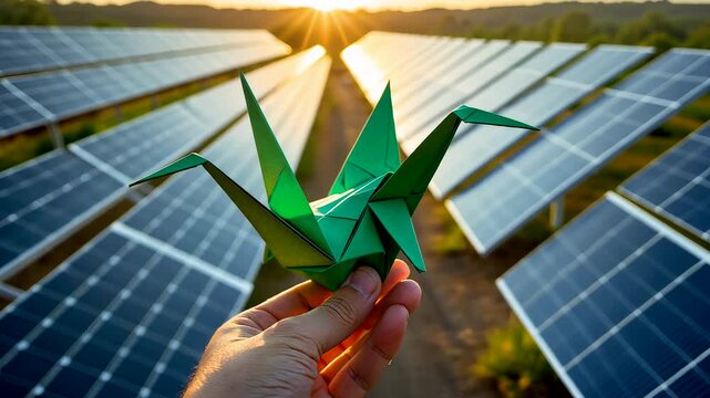 Hand holding green origami bird in front of solar panel field with golden sunlight in eco friendly concept