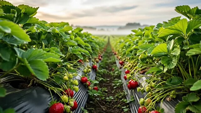 Ripe Red Strawberries Growing in Rows at an Organic Farm