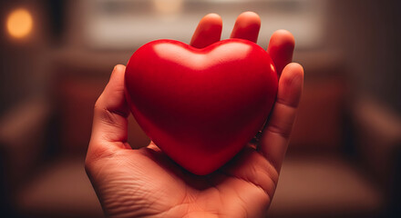 Obraz premium A conceptual image where a monochrome red hand holds a similarly hued heart, creating a powerful, monochromatic statement.