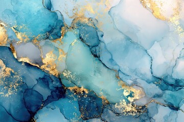 Abstract, fluid, marble-like design with blues and golds