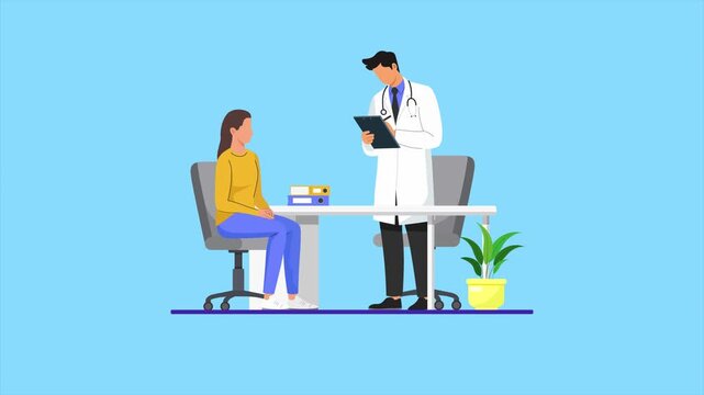 Video animation motion graphic of a doctor recording a patient's complaint. Doctor concept. 2D flat cartoon stock footage in 4K high quality.. Cartoon flat animated graphic