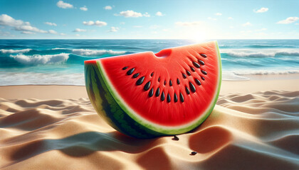 Juicy watermelon slice on sunny beach—vibrant summer hero for café menus, beverage branding, resort/travel ads, and party posters. High-res, bright colors, ocean backdrop, ample copy space, refreshing