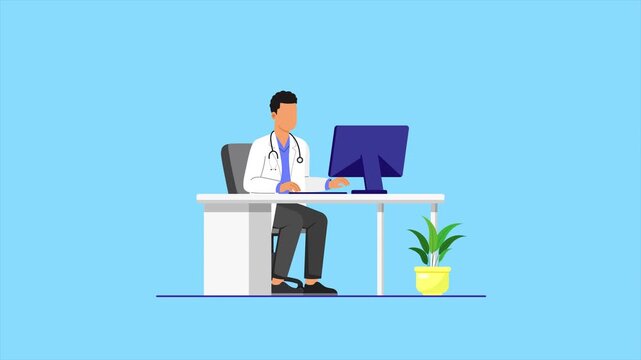 Video animation motion graphic of a doctor sitting at a desk typing on a computer. doctor concept. 2D flat cartoon stock footage 4K high quality. Cartoon flat animated grap