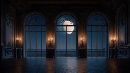 an empty room with an arched window overlooking the full moon and starry sky