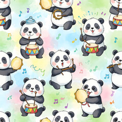 Seamless watercolour pattern of cute cartoon pandas playing tiny instruments