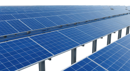 Extensive rows of blue solar panels for renewable clean energy production on white background