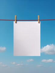 Una hoja de papel blanca colgada de una cuerda al aire libre, con un cielo azul y nubes blancas de fondo.