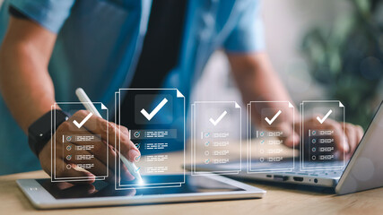Businessman showing online document validation icon, quality assessment management With a checklist, business document evaluation process, market data report analysis and consulting.