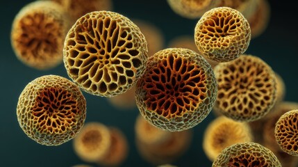 Abstract, golden, textured spheres in mid-air