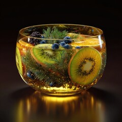 Golden bowl filled with fruit and herbs