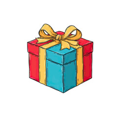 Obraz premium A cheerful and vibrant cartoon illustration of a colorful gift box with a big yellow bow, perfect for birthday, Christmas, or any celebratory occasion design. 