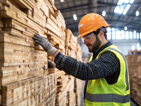 Worker inspecting wooden planks in a warehouse during daytime hours
