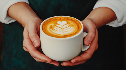 A skilled barista presents a beautifully crafted latte art in a white cup, held gently in two hands against a dark background.