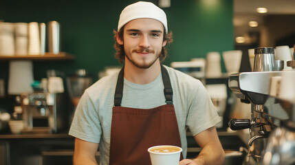 A young barista smiles while holding a coffee cup in a cozy cafe setting, showcasing a warm and inviting atmosphere.