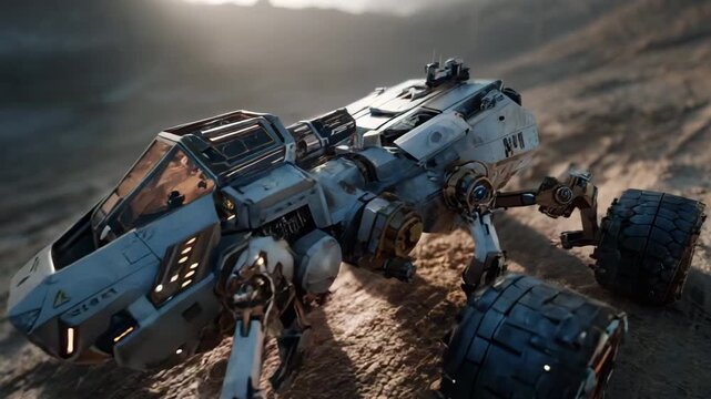 Future Terrain Explorer: A rugged, high-tech rover stands defiant against the desolate beauty of an alien terrain, capturing a moment of exploration and the indomitable spirit of discovery.
