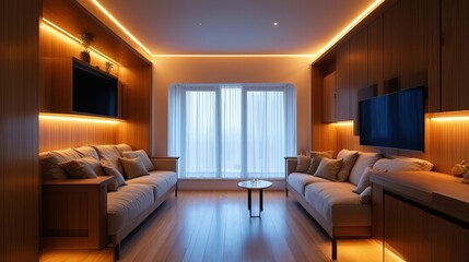 Cozy living room with warm recessed strip lighting, twin sofas and coffee table, evening contemporary apartment