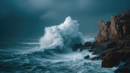 Dynamic ocean waves crashing against rugged cliffs under dark skies.