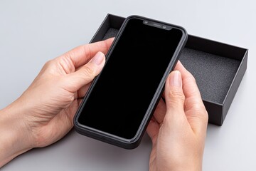 Hands holding black smartphone in box