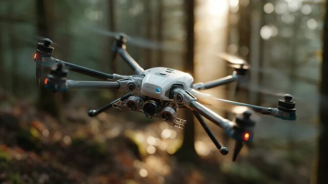 Aerial Navigator: An advanced unmanned aerial vehicle takes flight amidst a forest, capturing a glimpse of innovation. Evoking a sense of exploration and technology