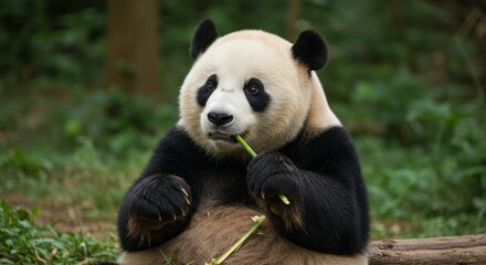 Obraz premium Giant Panda Eating Bamboo in a Forest