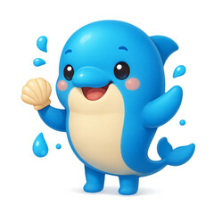 3D illustration of a cute kawaii dolphin mascot holding a shell. Concept of a playful sea character, aquatic nature and ocean life.
