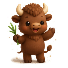 Cute 3D cartoon bison character mascot in claymation style waving. Concept of friendly animals, zodiac sign and nature.