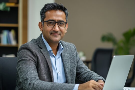 Confident Indian businessman in an office setup, working with a laptop and documents, managing tasks effectively in a professional environment, Generative AI