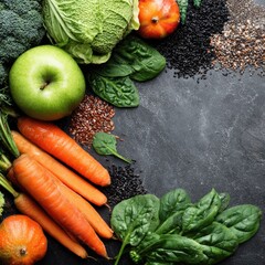 Fresh, vibrant vegetables & fruits arranged on dark stone